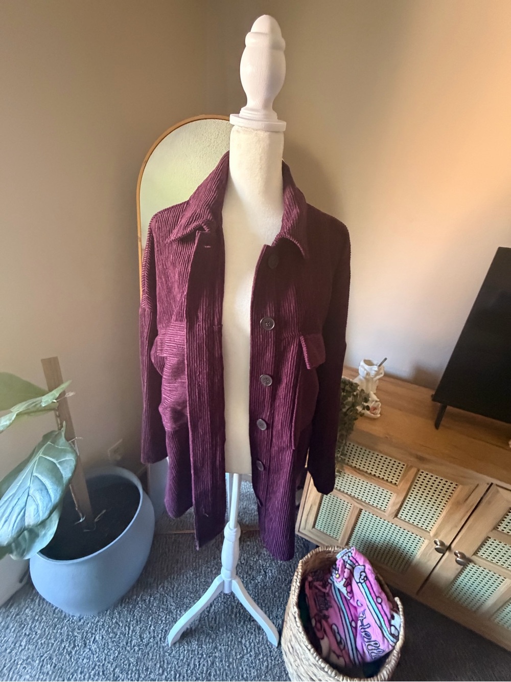 Zara Women's Corduroy Button-Front Jacket in Plum oversized